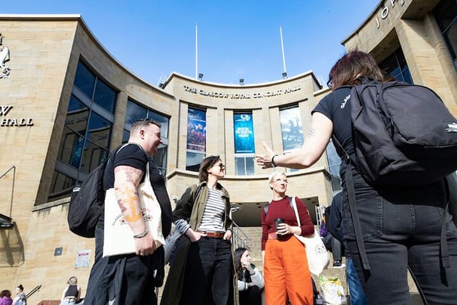 A clear blue Glasgow sky outside The Royal Concert Hall